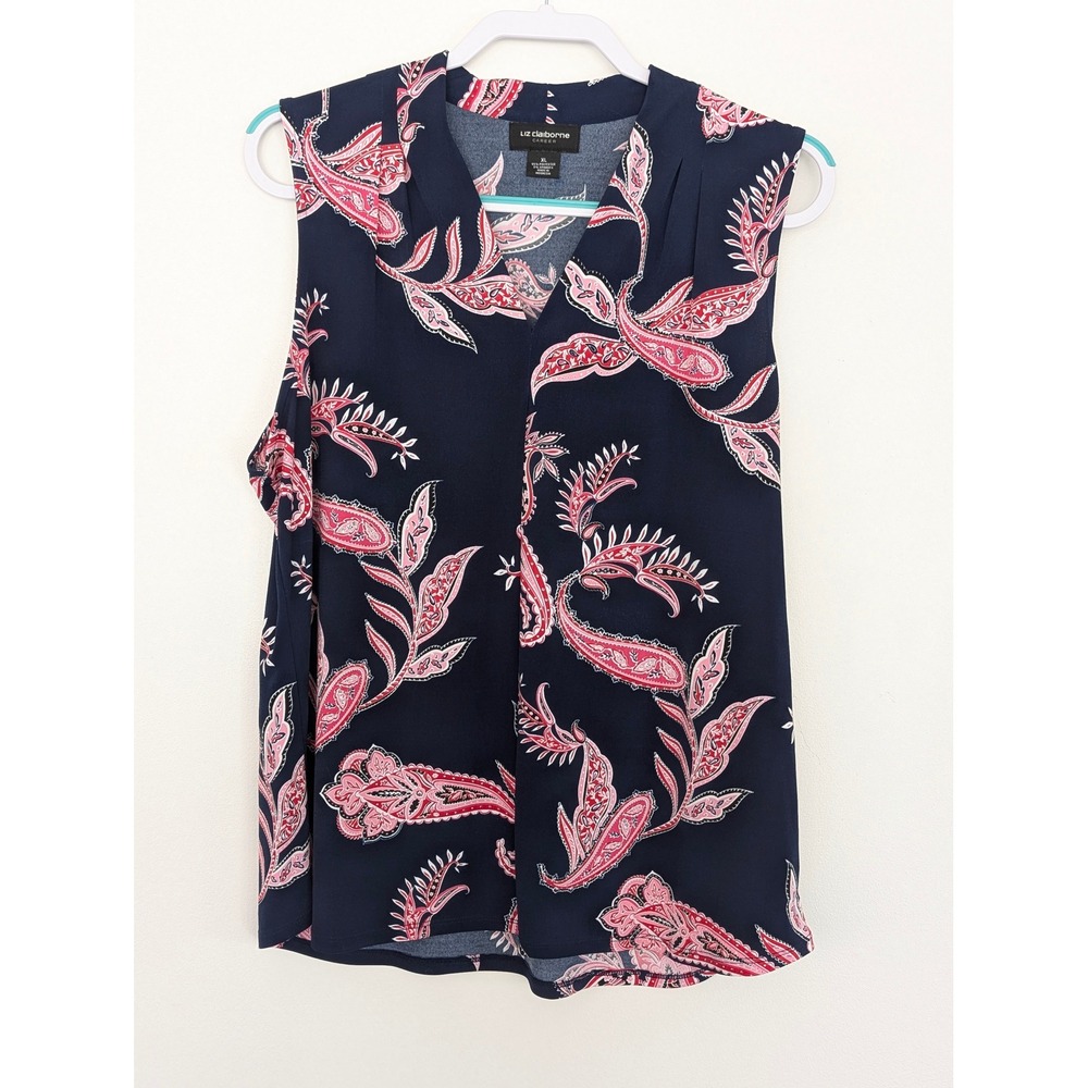 Liz Claiborne Career Blouse‎ Womens XL Navy Pink Paisley Sleeveless V-Neck